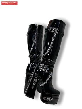 Patent Leather Chunky Platform Knee High Heeled Boots Wide Calf